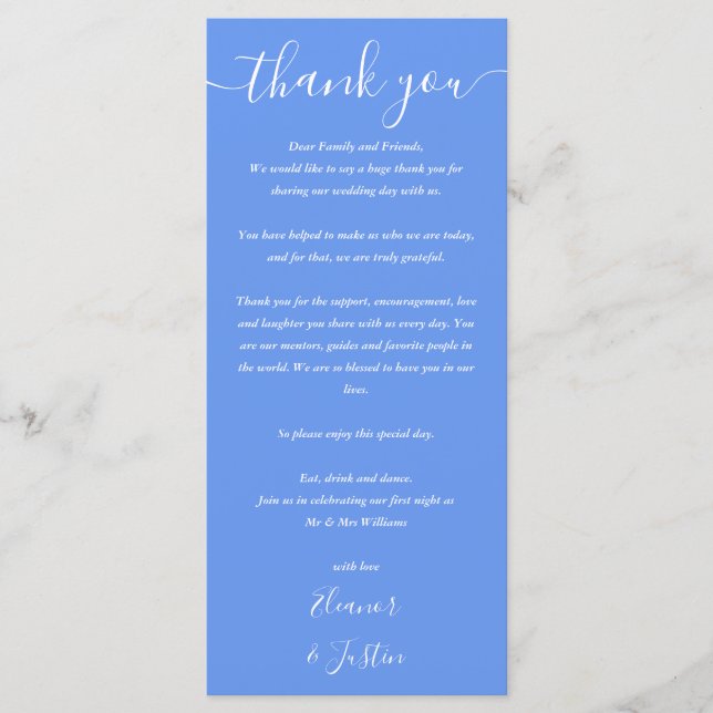 Menu Casamento Obrigado Cornflower Blue Place Card (Frente)