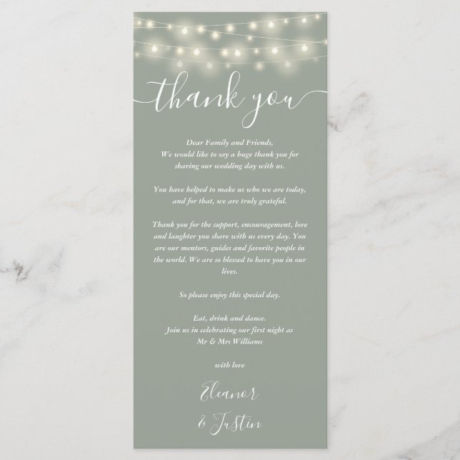 Menu Casamento Obrigado Lights Sage Green Place Card (Frente)