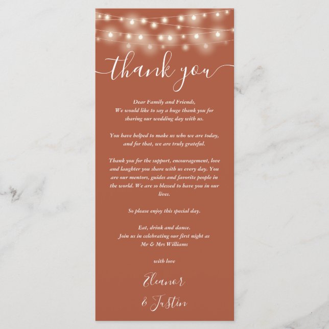 Menu Casamento Obrigado Lights Terracotta Place Card (Frente)