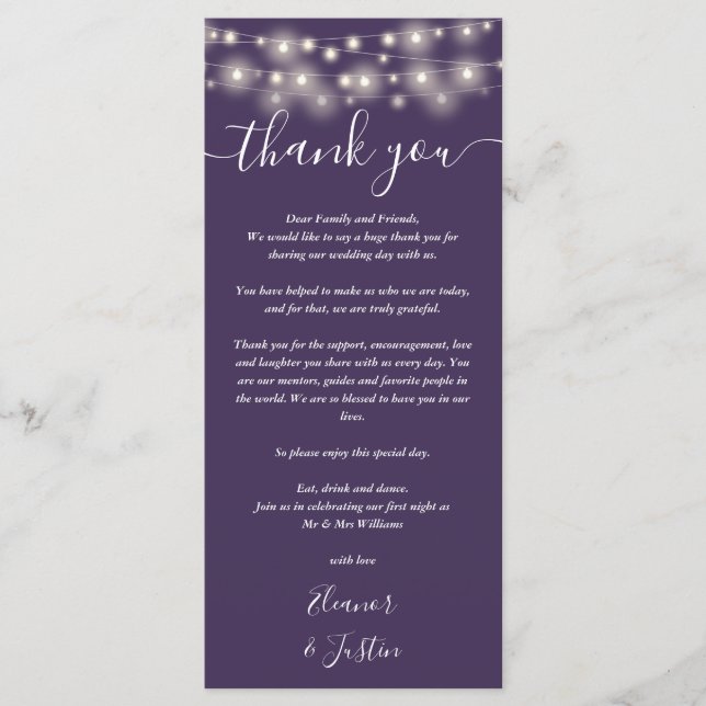 Menu Casamento Obrigado Luz Purple Place Card (Frente)