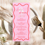 Menu Casamento ondulado com curva vermelha-rosa retrógr<br><div class="desc">Um legal menu de casamento ousado com nomes personalizados com uma caligrafia escrita à mão e uma letra serif,  dois nomes,  dois estilos com casamento ondulado cor-de-rosa. Todos os textos,  nomes e cores de fundo são personalizáveis para você misturar e combinar com seu pacote de casamento.</div>