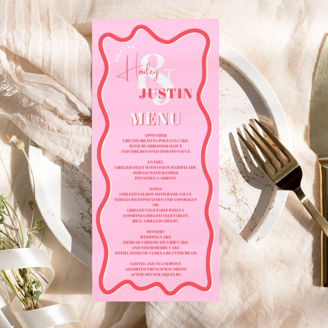 Menu Casamento ondulado com curva vermelha-rosa retrógr (Criador carregado)