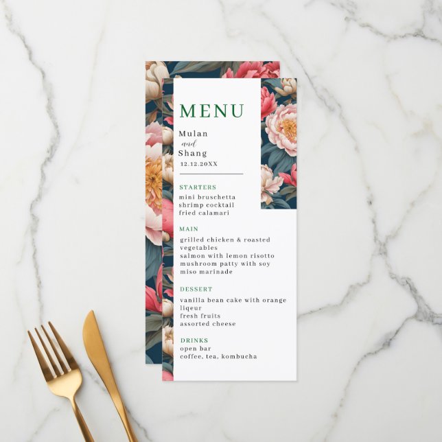 Menu Casamento Oriental de Pêonias Brancas e Rosa (Frente/Verso In Situ)