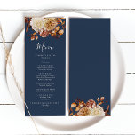 Menu Casamento outono azul marinho<br><div class="desc">Menu marinho Azul Casamento outono. Adicione um toque de elegância à sua recepção com este menu de casamento azul marinho, projetado para complementar os seus "Marinhos Blue & Terracotta Casamento outono Invtions". Com florais pintados à mão em laranja queimada, terracota, e matizes de creme, ele apresenta lindamente cada curso. Deixe...</div>