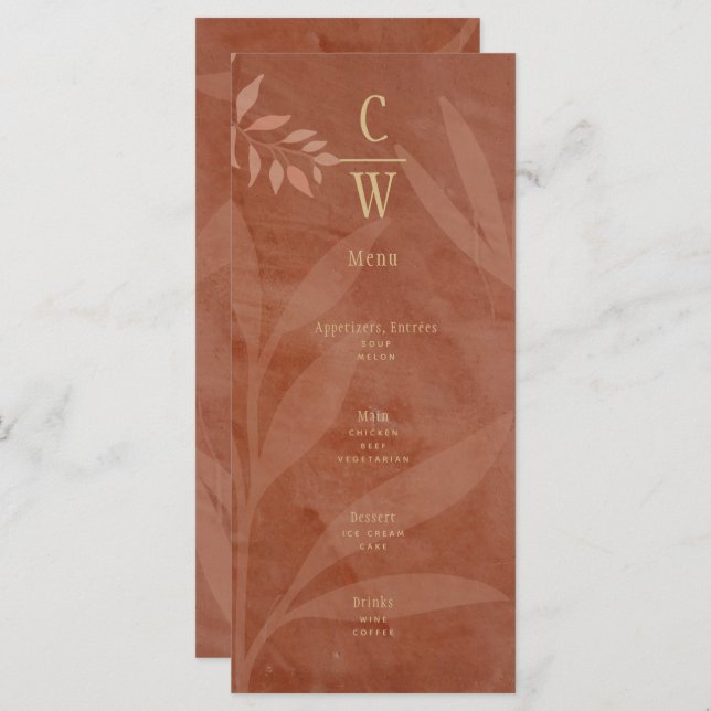 Menu Casamento outono Moderno Terracotta Dourado Folhas (Frente/Verso)