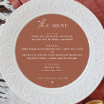 Menu Casamento outono Terracotta | Ronda Minimalista El<br><div class="desc">Adicione uma vibração morna à sua celebração com este elegante cartão de menu redondo de terracota, projetado para o moderno casal boho. Com um layout minimalista limpo e tom de queda rico, este menu circular de cor de argila combina o encanto rústico com o estilo contemporâneo. Perfeito para casamentos de...</div>
