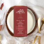 Menu Casamento outono Vermelho Sem Lama Russo<br><div class="desc">Boas-vindas de casamento com ilustração de celeiro rústico sobre fundo vermelho mudado.</div>