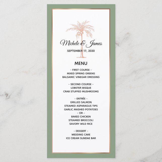 Menu Casamento Palmeira de Cobre em Rosa Dourado Sofist (Frente)