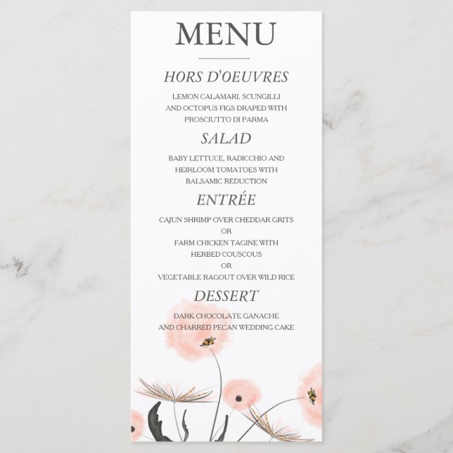 Menu Casamento Peach Watercolor Dandelion (Frente)