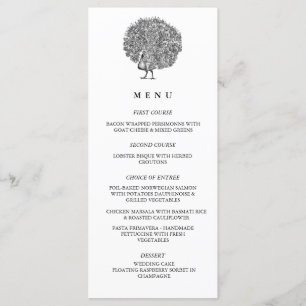 Menu Casamento Peacock Ilustrado Elegante Vintage