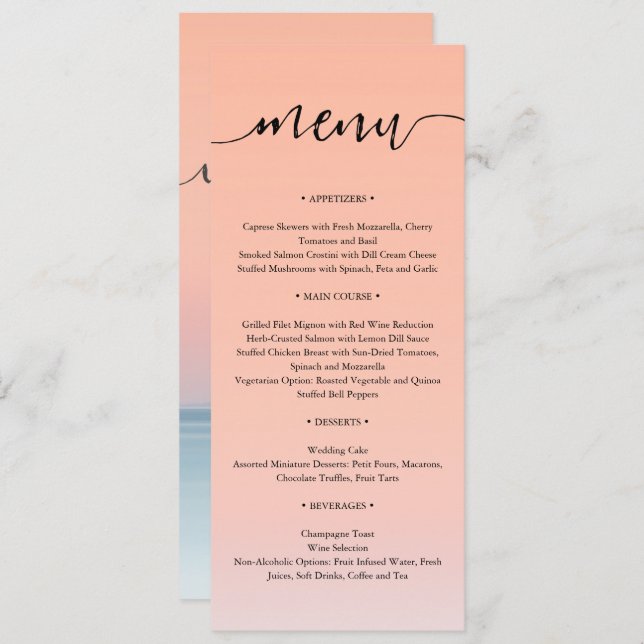 Menu Casamento pelo mar sob o pôr do sol do céu de pêss (Frente/Verso)