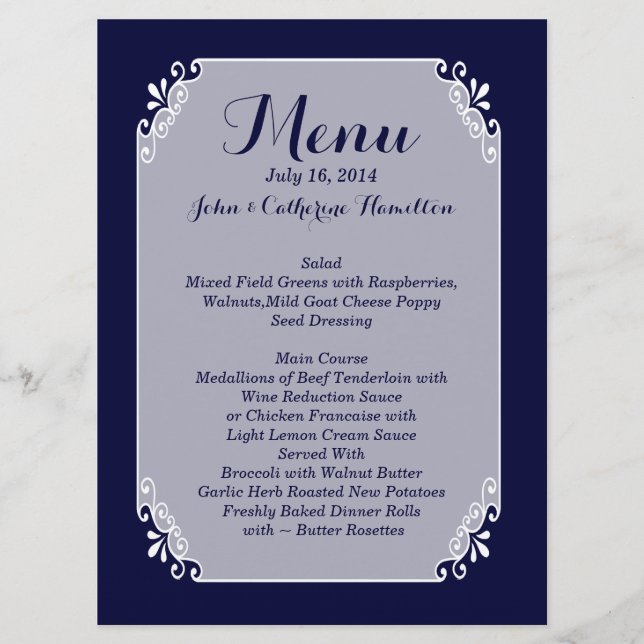 Menu Casamento Personalizado Azul e Branco do Mari (Frente)