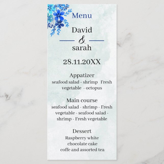 Menu Casamento Personalizado Azul Elegante (Frente)