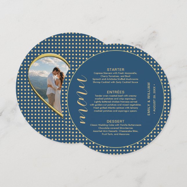 Menu Casamento personalizado com bolinhas douradas e az (Frente/Verso)