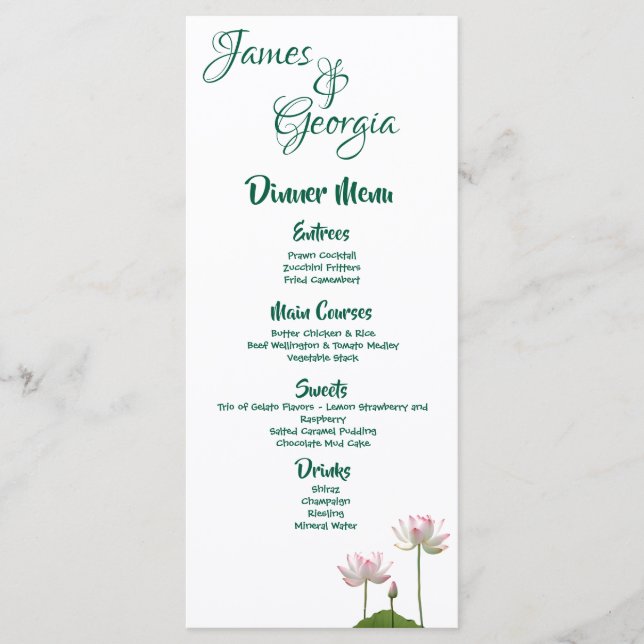 Menu Casamento Personalizado Da Flor De Lotus Rosa (Frente)