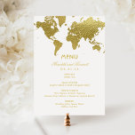 Menu Casamento Personalizado do Mapa do Mundo Dourado E<br><div class="desc">Cartões de cardápio de janto de casamento inspirados na viagens vintage elegante apresentam um design de fronteira do mapa mundial. Esquema de cor da folha de ouro branco e falso.</div>