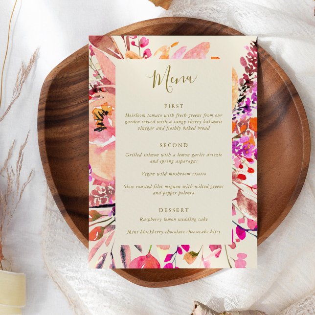 Menu Casamento Personalizado Floral de Aquarela Rosa El (Criador carregado)