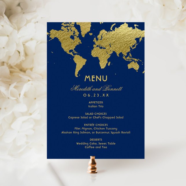 Menu Casamento Personalizado Mapa Mundial Azul Marinho  (Criador carregado)