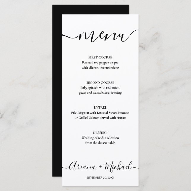 Menu Casamento Personalizável Preto-Preto de Script Ele (Frente/Verso)