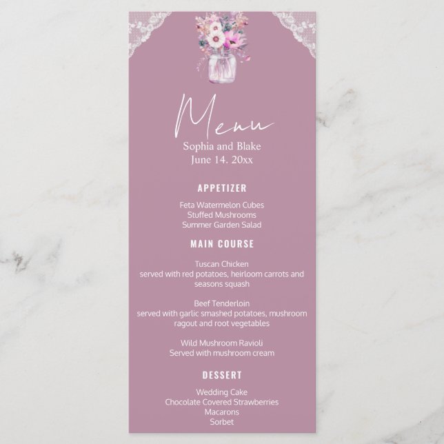 Menu Casamento Pink do Raça do País Mason Jar (Frente)