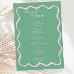 Menu Casamento Pink e Escrito à Mão Verde Retro<br><div class="desc">Um cartão de cardápio do estilo manuscrito de borda ondulada,  seguindo a última tendência do papel de carta de casamento.</div>