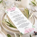 Menu Casamento Pink Peony Watercolor<br><div class="desc">Design de cor de água de pénia rosa colocado perfeitamente na parte inferior e superior deste menu.</div>