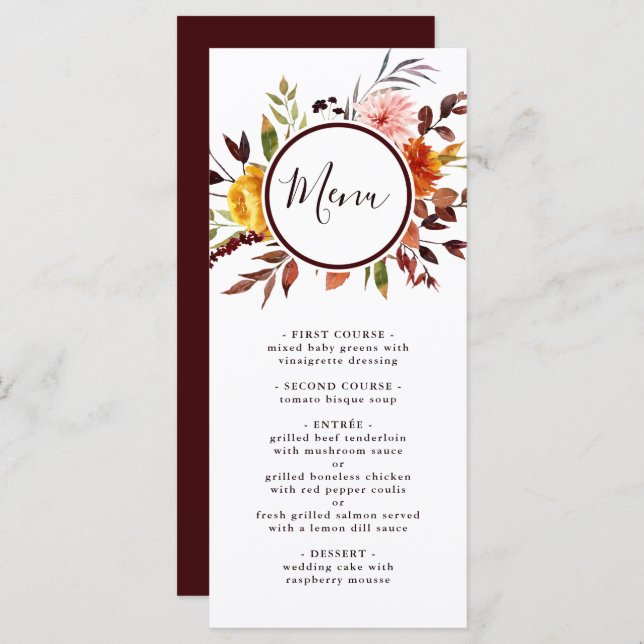 Menu Casamento por Aquarela de Autumn Garden Marsala (Frente/Verso)