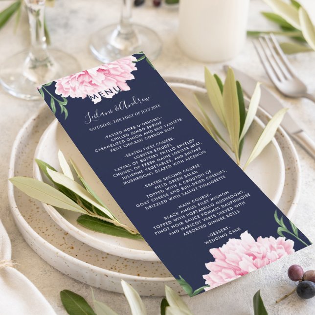 Menu Casamento por Aquarela de Peony Rosa-marinho (Elegant pink peony botanical floral for your beautiful wedding day reception menu.)