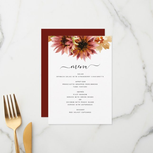 Menu Casamento por Aquarela de Sunflower Burgundy (Frente/Verso In Situ)