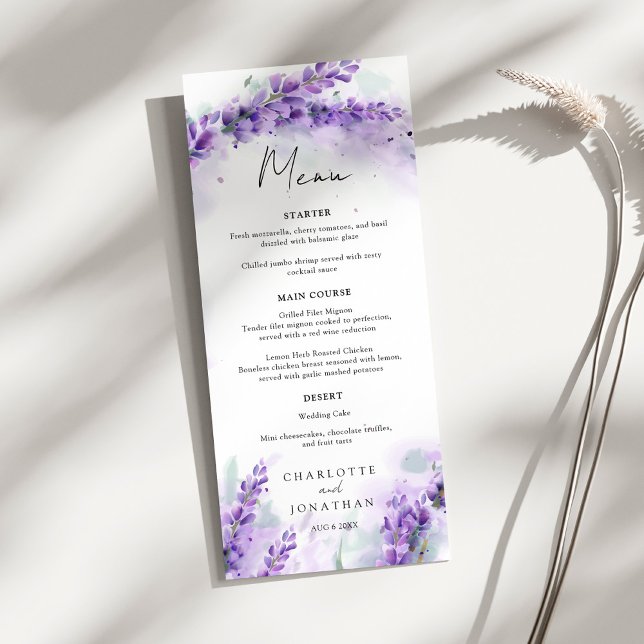Menu Casamento por Aquarela Moderna com Folhagem de Lav (Criador carregado)
