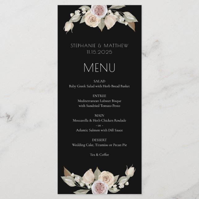 Menu Casamento Preto-Botânico Floral Rosa-Rosa Dusty (Frente)