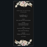Menu Casamento Preto-Botânico Floral Rosa-Rosa Dusty<br><div class="desc">Esses modernos menus elegantes de casamento botânico apresentam um design floral de cor d'água com rosa de pêssego rosado poeirento e folhas sobre fundo negro. Personalize o texto com seus nomes e menu. Produtos correspondentes também disponíveis.</div>