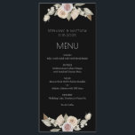 Menu Casamento Preto-Botânico Floral Rosa-Rosa Dusty<br><div class="desc">Esses modernos menus elegantes de casamento botânico apresentam um design floral de cor d'água com rosa de pêssego rosado poeirento e folhas sobre fundo negro. Personalize o texto com seus nomes e menu. Produtos correspondentes também disponíveis.</div>