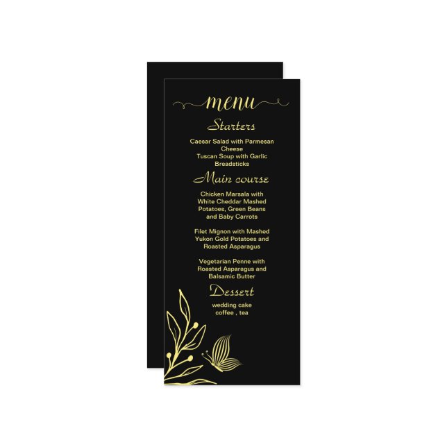Menu Casamento preto de flor dourada simples (Frente/Verso In Situ)