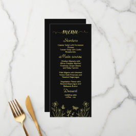 Menu Casamento preto de flor dourada simples