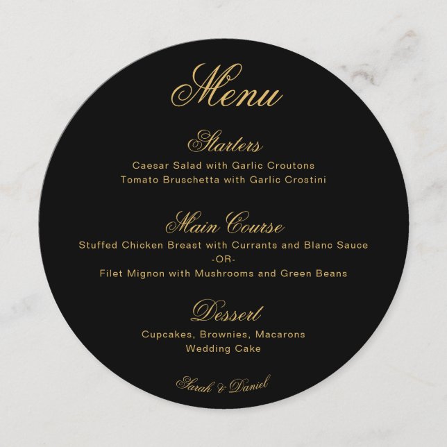 Menu Casamento Preto Dourado Simples Roda de Caligrafia (Frente)