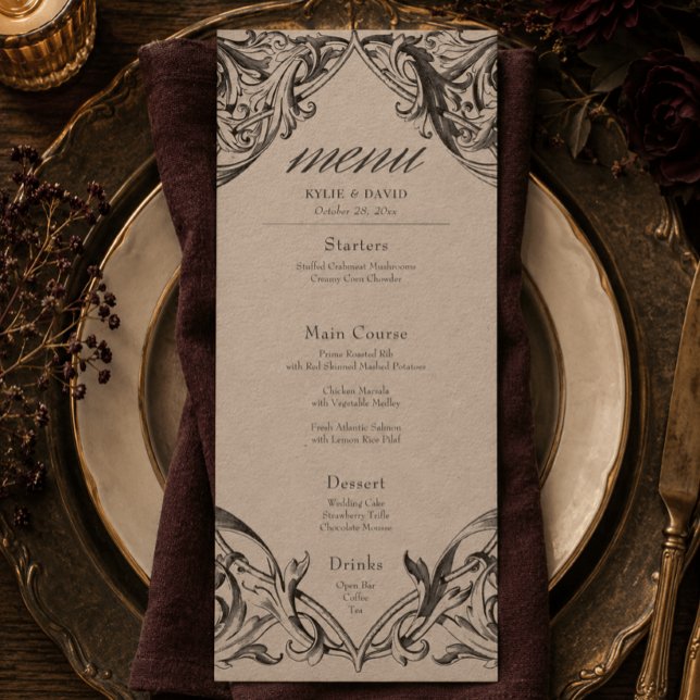 Menu Casamento Preto e Bege à Moda Vitoriana Até a Mort (Criador carregado)