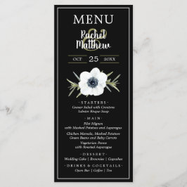 Menu Casamento Preto e Branco com Anêmonas de Aquarela
