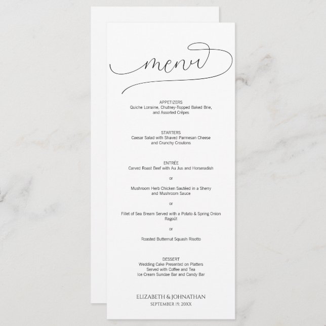 Menu Casamento preto e branco com script mínimo simples (Frente/Verso)