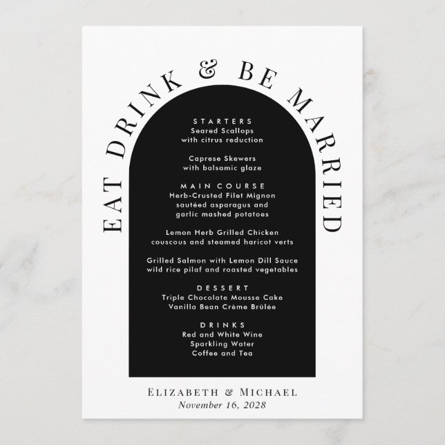 Menu Casamento Preto e Branco de Arquitetura Moderna Mi (Frente)