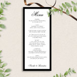 Menu Casamento Preto e Branco de Script Elegante Formal<br><div class="desc">A disposição limpa e minimalista melhora a sensação luxuosa, permitindo que cada curso de sua refeição brilhe. Ideal para casamentos formais ou de gravata negra, este menu adiciona um toque polido e na moda às suas mesas, garantindo que os seus convidados experimentem uma atmosfera de jantar refinada que complementa a...</div>