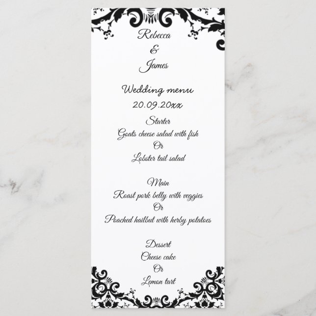 Menu Casamento preto e branco do Damask Floral Elegante (Frente)