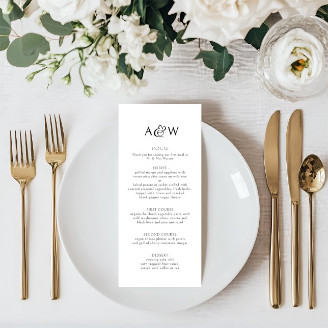 Menu Casamento preto e branco do Monograma de Ampersand (Wedding Menu - Bride & Groom Monogram Initials with Decorative Heart Ampersand.)