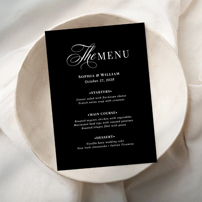 Menu Casamento Preto e Branco Escuro | Luxo Clássico (Criador carregado)