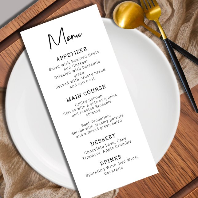 Menu Casamento Preto e Branco Minimalista Moderno (Modern Minimalist Black and White Wedding Menu)