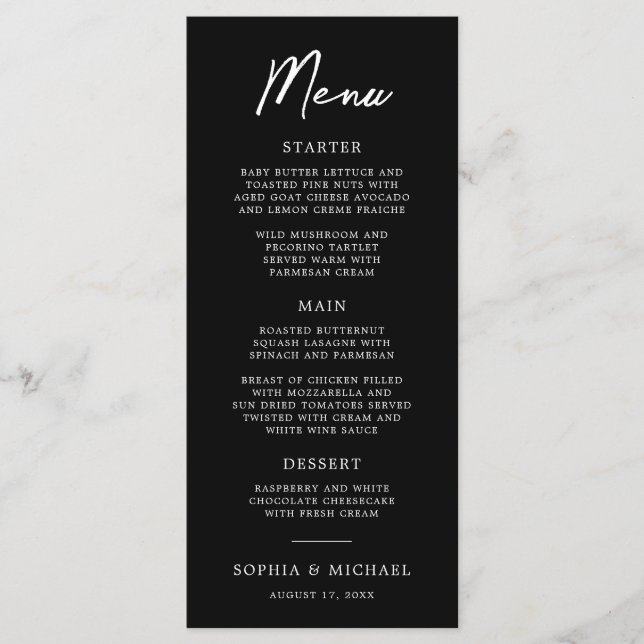 Menu Casamento Preto E Branco Moderno Contemporâneo (Frente)
