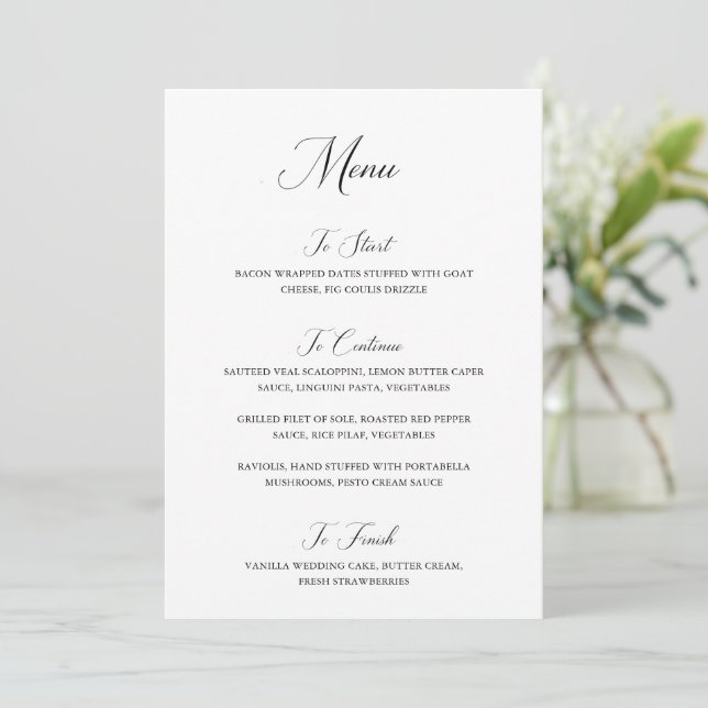 Menu Casamento Preto e Branco Moderno da Nancy (Em pé/Frente)