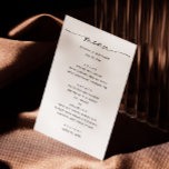 Menu Casamento preto e branco moderno | Script minimali<br><div class="desc">Aumente a experiência de jantar do seu evento com este moderno menu de casamento de guião preto e branco. Com uma design minimalista e uma tipografia elegante, é perfeita para casamentos, jantas de ensaio, aniversários, aniversários, aniversários e outras ocasiões especiais. Personalize o texto para corresponder aos detalhes do evento e...</div>