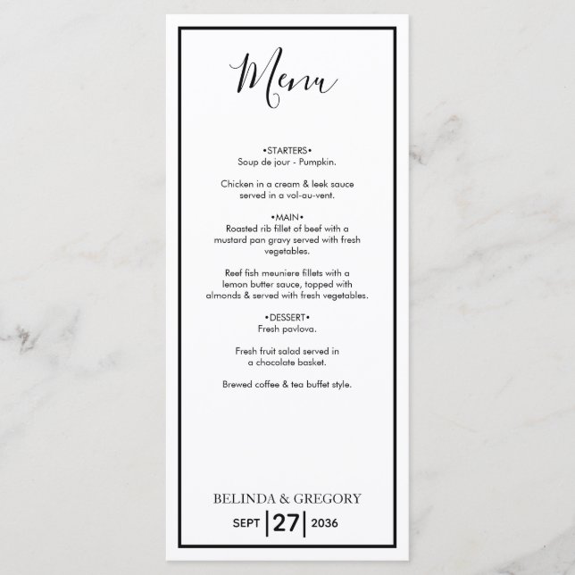 Menu Casamento preto e branco simples minimalista (Frente)