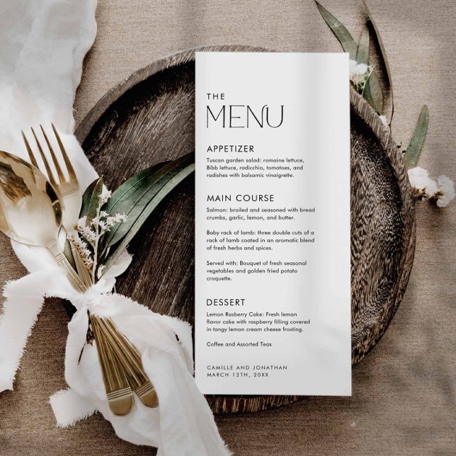 Menu Casamento preto e branco simples moderno (Modern Minimalist Personalized Wedding Card)